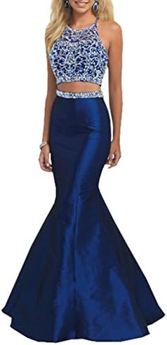 Quintion Norris Women's Two Piece Mermaid Prom Dress Long Crystal Beaded Halter Neck Dress