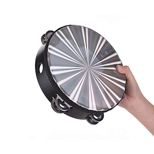 Muslady 8 inch /10 inch Wooden Radiant Tambourine Handbell Hand Drum with Double Row Jingles Reflective Drum Head Percussion Instrument Musical Toy