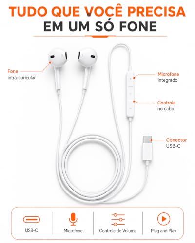 Fone de Ouvido com Microfone e Controle de Volume; Compativel com Android; IOS; Redução de Ruído; Ligações; USB TIPO-C — Branco