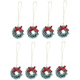 Mini Holiday Wreath -Tiny Sisal Wreath Accented with White Faux Snow & Red Bow -Crafts and Dolls - 1 Inch - Set of 8