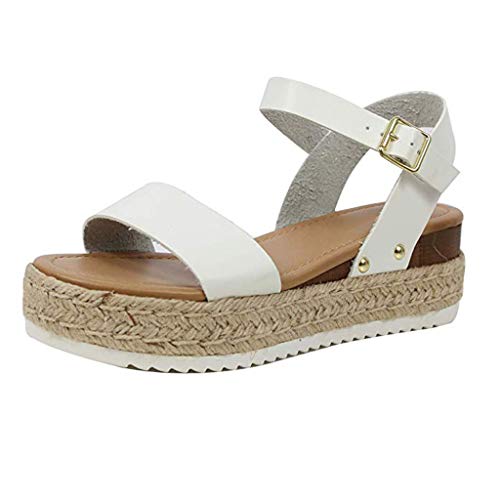 Womens Casual Espadrilles Sandal Trim Rubber Sole Flatform Studded Wedge Buckle Open Toe Ankle Strap Sandals White