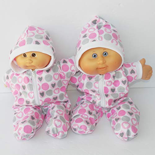 14" Cabbage Patch Girl including Preemie Doll Clothes Pink White and Grey Heart Pajamas Hooded Romper for Valentine's Day
