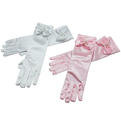 Rocinha 2 Sets Kids Girls Satin Bowknot Formal Gloves Girls Princess Costume Gloves for Cosplay Party ,Pink&White - Thumbnail 6