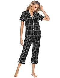 iClosam pijama a cuadros de manga corta y pantalones recortados con botones para dama S-XL