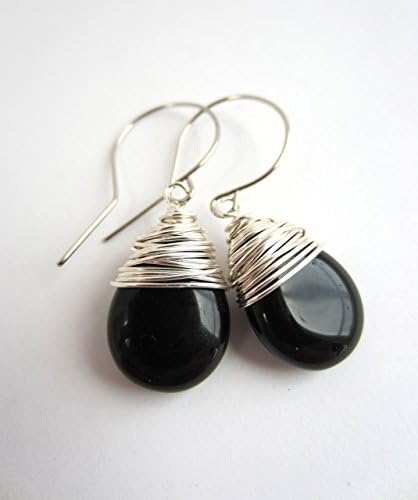 Black Drop Earrings Wire Wrapped Czech Glass Drops Silver Tone