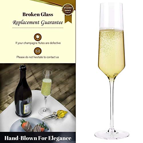 Hand Blown Champagne Flutes -100% Lead Free Crystal Clear Set of 2 Champagne Flute Glasses, Perfect Glass Party Cups