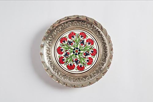 Turkish Handmade Decorative Silver Coated Copper Plate with Ottoman Motifs Decorated Ceramic Tile