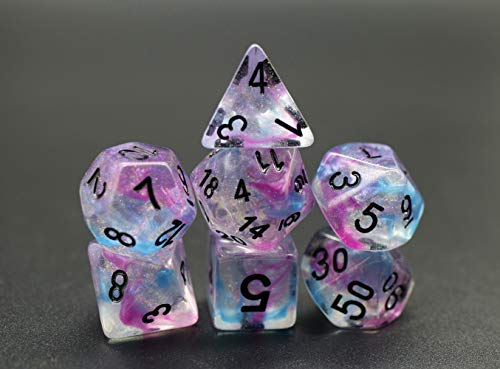 HD Dice DND Dice Set RPG Glitter Dice Fit Dungeons and Dragons D&D Pathfinder MTG Role Playing Games Polyhedral Dice Transparent Dice with Purple & Blue Swirls
