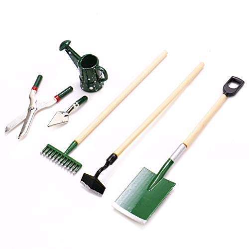JETEHO Set of 6 Miniature Dollhouse Working Accessories for Doll House or Garden Scenery Model(3 x Garden Tools +1x Scissors, 1x Shovel, 1xWatering Can)