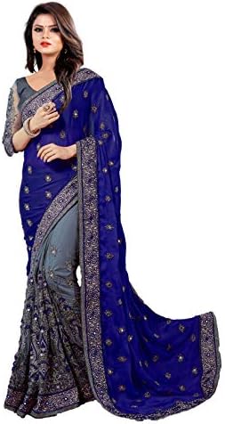 Arohi Designer Satin & Net Half N Half Embroidered Saree with blouse piece (MSNavy-AROHIDESIGNER15-Navy Blue-Free Size)
