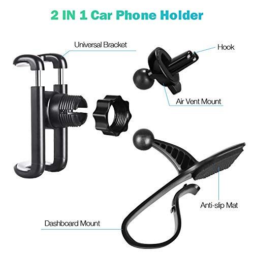 Dashboard Cell Phone Holder, Makeasy 2 in 1 Dashboard Car Phone Mount and Air Vent Car Phone Mount Suitable for 4 inches to 6.5 inches Smartphones, 360-Degree Rotation Adjustable Mobile Clip Stand