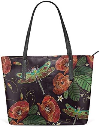 Embroidery Flowers Dragonflies Women's PU Leather Tote Shoulder Bags Handbags Casual Bag