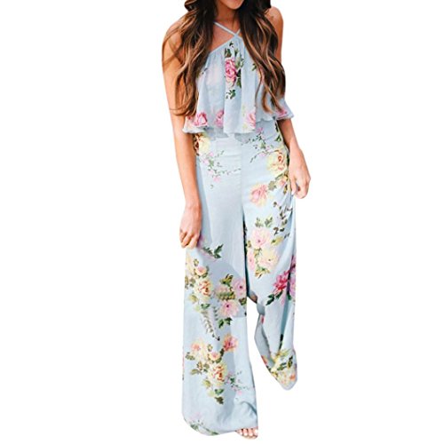 Click Here to See More Images Dreaman Women Summer Casual Strap Floral Sleeveless Backless Elegant Jumpsuit Long Wide Leg Trousers (S)