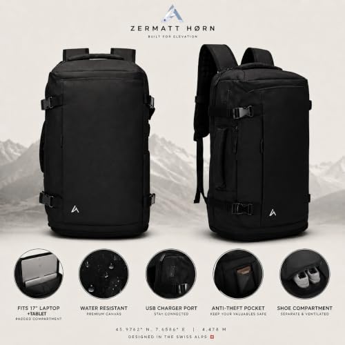 + Zermatt – HØRN Travel Backpack Cabin with Vacuum Bag 55 x 30 x 20 – 50 x 30 x 20 – Portable Backpack 15 – 17 Inches Telework Carry-on Airplane Ryanair, Carry On Men Women Oxford 35L