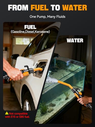 Fuel Transfer Pump, Battery Fuel Syphon Pump, Fuel Pump up to 2.6 GMP, Adjustable Flow & Leak-Proof 59-Inches Hose. Suitable for Transferring Gasoline, Diesel, and Water. | 59" Non-drip hose. For petrol, diesel, water. AA batteries (not included) Only for opening diameter >1.24"