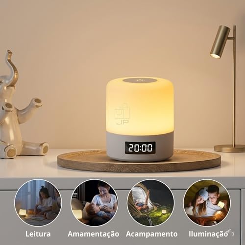 Luminária de Mesa LED Recarregável com Relógio Digital e Controle Remoto, Abajur Touch Ajustavel Sem Fio Portátil, Luz Noturna para Quarto Infantil, Berçário Escritório e Criado mudo