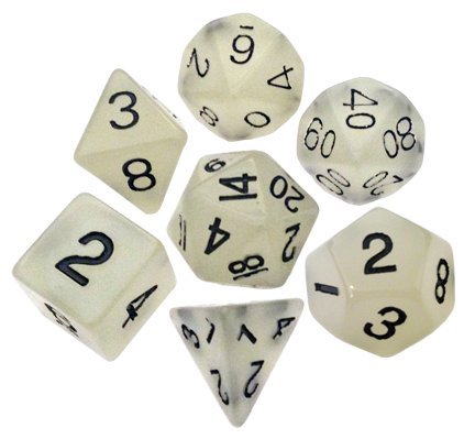 Polyhedral 7 Die Set Resin Dice: Glow Clear with Black Numbers (Glow in Dark)