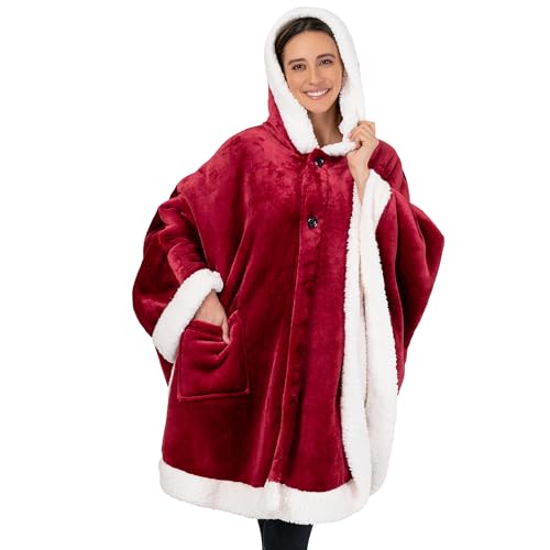 PAVILIA Manta para mujeres adultas, acogedora manta de forro polar de felpa con capucha, chal súper suave, manta de ángel para oficina, color rojo vino