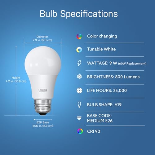 Feit Electric Smart Light Bulbs with RGBW Color Changing and Tunable White, 60W Replacement, Dimmable, Wi-fi Enabled, No Hub Needed, Works with Alexa and Google, OM60/RGBW/CA/AG/3, 3 Pack - View 3