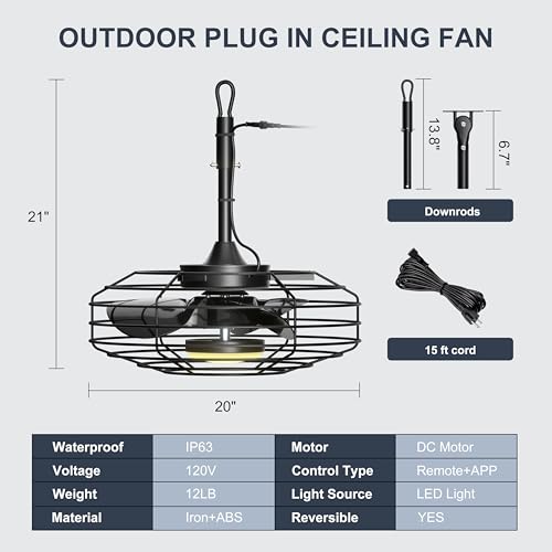 Coolbull Outdoor Ceiling Fans with Light for Patios, 20'' Wet Rated Gazebo Fan Remote&APP Control, Dimmable Hanging Fan with Plug in Cord for Pergola, Black