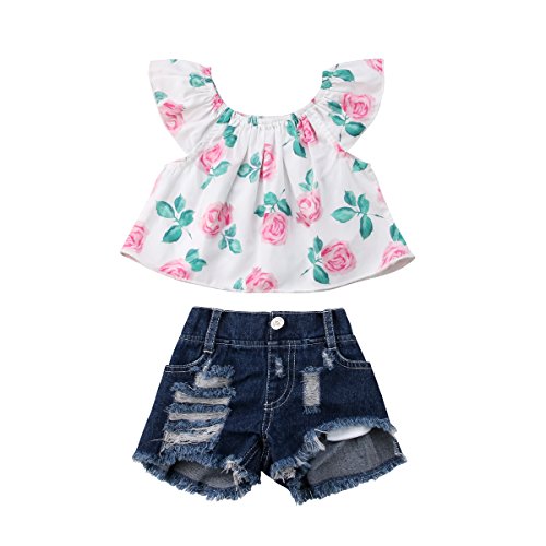 BiggerStore 2Pcs Toddler Baby Girl Off Shoulder Floral Top+Ripped Denim Shorts Outfits Set (White+Denim, 3-4 Years)