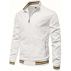 Men’s Full-Zip Bomber Jacket, Striped Trim Collar & Cuffs Outerwear for Daily Wear, Casual Gatherings