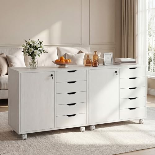 Simple Wisdom Archivero Organizador con 5 Cajones,Archivero con Llave de Oficina con Estantes Ajustables y Ruedas,Soporte para Impresora para Oficina en Casa(Blanco)