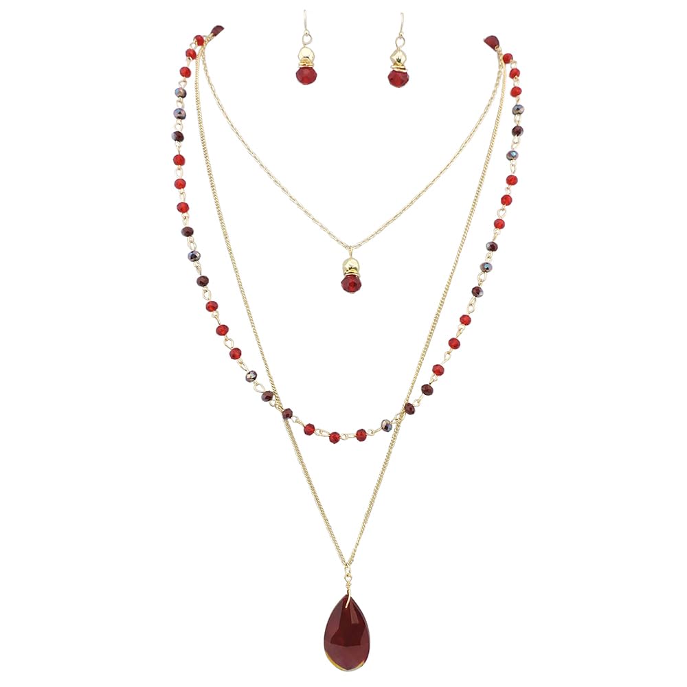 Bocar Layered Burgundy Bead Necklace with Crystal Glass Drop Pendant Long Chain Necklace Earring Jewelry Set for Women Gift (NK-10036-red-)