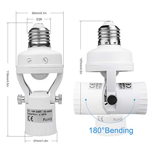Toplimit Swing Motion Sensor Light Socket,PIR Motion Detector Bulb Adapter,Auto E26/E27 on/off Night Light Control,Garage,Closet,Basement,Laundry Room,Porch,Storage Room Intensified Lighting Fixture