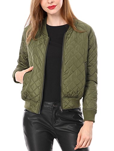 Allegra K Women's Quilted Zip Up Raglan Sleeves Bomber Jacket XL Green