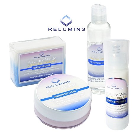Authentic Relumins Advance White Facial Set MAX - TA Stem Cell Premium Day Cream, Intensive Repair Toner, Soap, and Serum