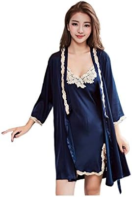 MOST CN1421 Women's Satin Sleepwear, Lace Cami Nightgown and Robe Set Navy