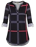 Bebonnie Women's Casual V-Neck Cuffed Sleeve Tops Plaid Shirts Pullover Blouse