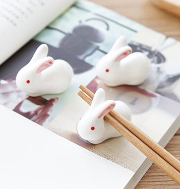 Colias Wing Dinnerware Accessory Adorable Animal Rabbits Shape Design Porcelain Chopsticks Rest Set Dinner Spoons Stand Knife Fork Holder(Set of 8)-White