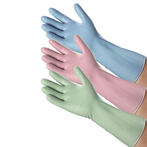 Sisfung HSL Waterproof Reuseable Rubber Cleaning Gloves, 3 Pairs Household Kitchen Dishwashing Gloves, (Medium Size, 3 Colors)