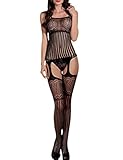 Flora Florida Flirty Open Crotch Bodystockings Black Stretchy Tights One Piece Bodysuit Sexy Fishnet Striped Strappy Lingerie One Size