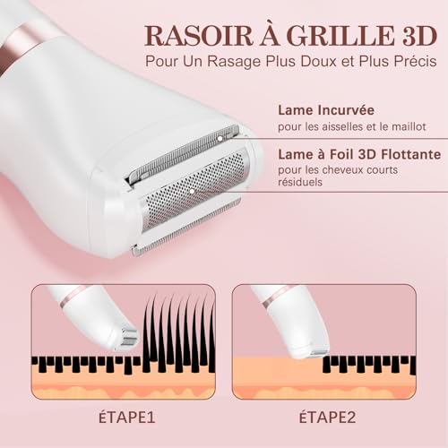 Rasoir Electrique Femme 3-en-1, MAXGROOM Tondeuse Intime Femme Humide/Sec, Rasoir Électrique avec Affichage LED & Lame Céramique, Tondeuse Bikini pour Visage Aisselles Jambes Corps, 90 min d'autonomie