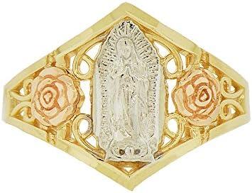 14k Tricolor Gold, Filigree Flower Virgin Mother Mary Ring Sparkly Finish Size 9