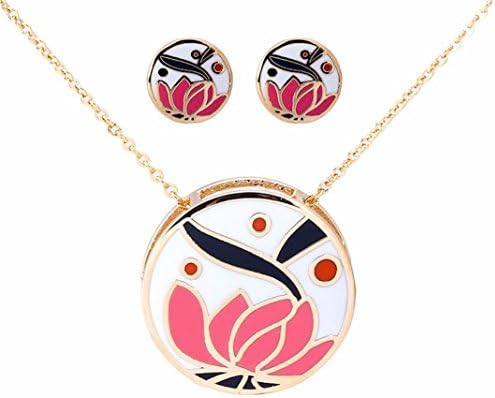 Banju 18K Gold-Plated Pink Lotus Enamel Circular Pendant Necklace + Earrings