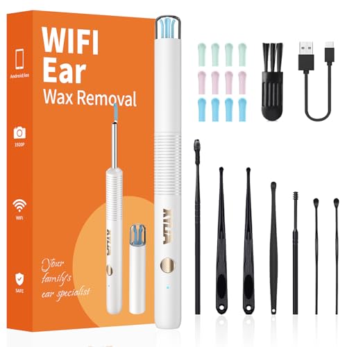 Otoscopio Limpiador de Oidos Cera 3,5mm-Endoscopio con WiFi 1920P Camara y 6 LED con 12 Orejeras de Silicona +8 Herramientas Profesionales,Ear Cleaner IP67 Impermeable para iOS/Android (Blanco)