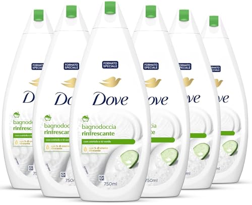 Dove Docciaschiuma Rinfrescante, Idratante Dermo-Naturale, Cetriolo e Tè Verde, 1/4 Crema Idratante, Dermatologicamente Testato, Bagnoschiuma Uomo e Donna, 100% Bottiglia Riciclata* 6 Pezzi x 750 ml