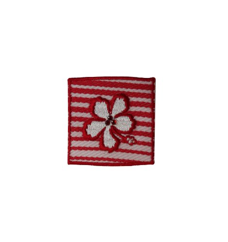 ID #6720 Red Striped Badge White Flower Plant Iron On Embroidered Patch Applique
