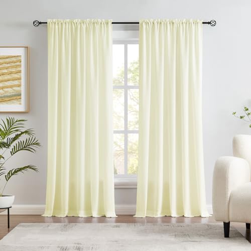 Melodieux Cream Yellow Velvety Semi Sheer Curtains 96 Inches Long for Bedroom, Living Room Natural Cotton Texture Rod Pocket Window Sheer Drapes, 52 by 96 Inch (2 Panels)
