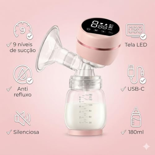 Extrator de Leite Elétrico Portátil – Bomba Tira Leite Silenciosa com Tela LED, 9 Níveis de Sucção, Anti Refluxo, Recarregável USB-C, Extração Sem Dor – 180ml (Rosa)