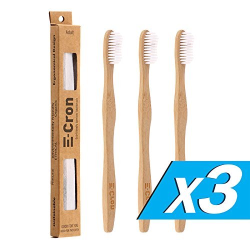 3 x E-Cron Bamboo Toothbrush (White) with Eco-friendly, 100% organic and biodegradable toothbrush with curved handle. Your Natural Dental Care with The clean and warm touch of The bamboo.