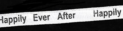 BEEKLEY BOWS 3/8" Glittered Happily Ever After Printed Satin Craft Sewing Ribbon Trim, White/Black, 5 Yards