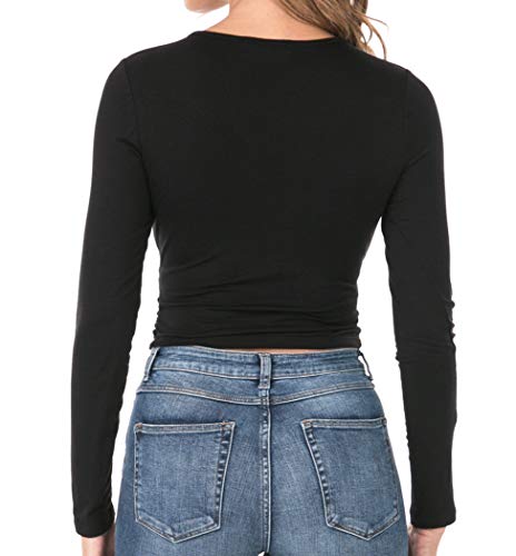 7028 Womens Deep V-Neck Long Sleeve Fitted Surplice Wrap Crop Top Black XS - Thumbnail 2