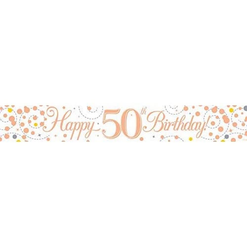9ft Banner Sparkling Fizz 50th Birthday White & Rose Gold Holographic