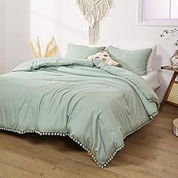 Smoofy Pom Fringe Comforter Set Queen Size Sage