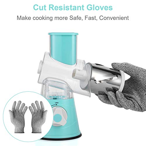 KARIDGE Rotary Cheese Grater with Cut Resistant Gloves, Kitchen Round Mandoline Veggie Slicer with 3 Interchangeable Blades for Grating, Shredding and Slicing for Cheese, Vegetables and Nuts (Blue) - Thumbnail 4